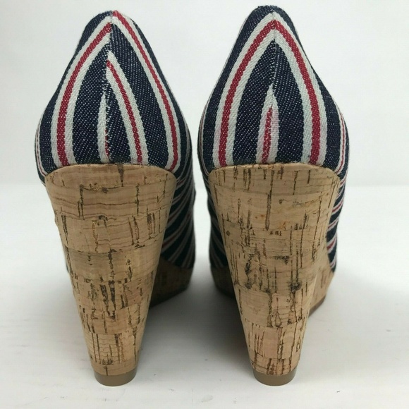 Caslon Red Blue White Peep Toe Cork Wedge Heels - Picture 3 of 7